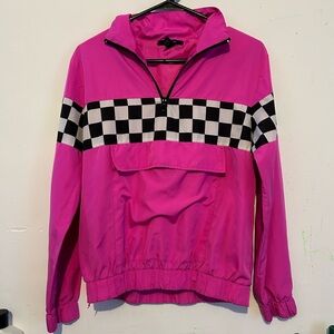 pink windbreaker with black and white checkered stripe